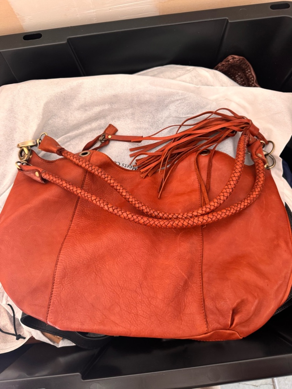 Marta Ponti Braided-Handle Fringe Shoulder Tote in Rust Orange leather bag
